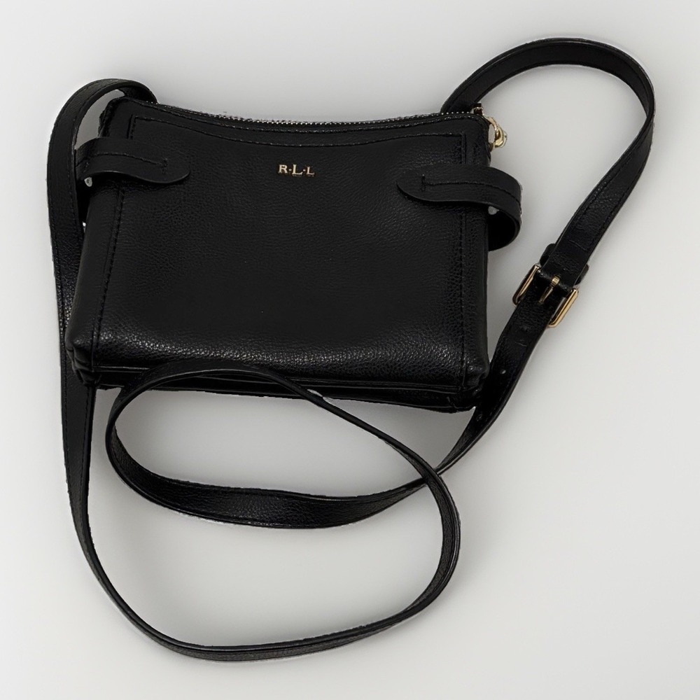 Lauren Ralph Lauren Black Pebbled Leather Crossbody Double Zipper Purse - Picture 2 of 10